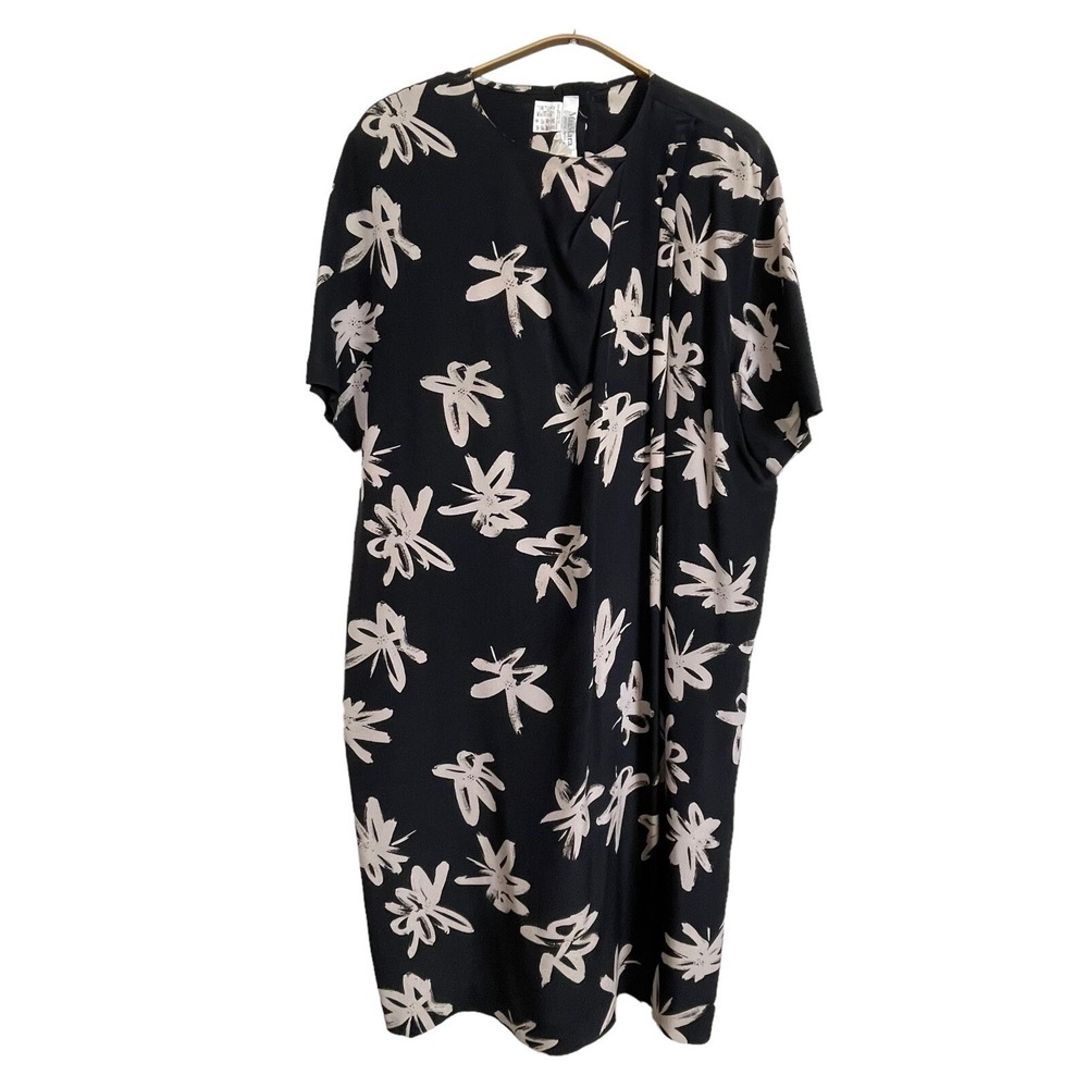 MaxMara Silk Sheath Dress 12 Black Beige Floral Abstract Elegant Minimalist